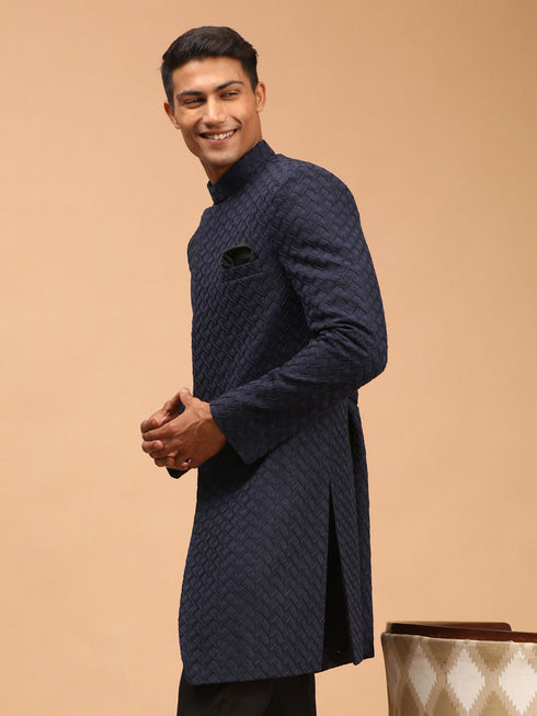 Vastramay Men's Navy Blue imported Jacquard Self Design Sherwani Only Top